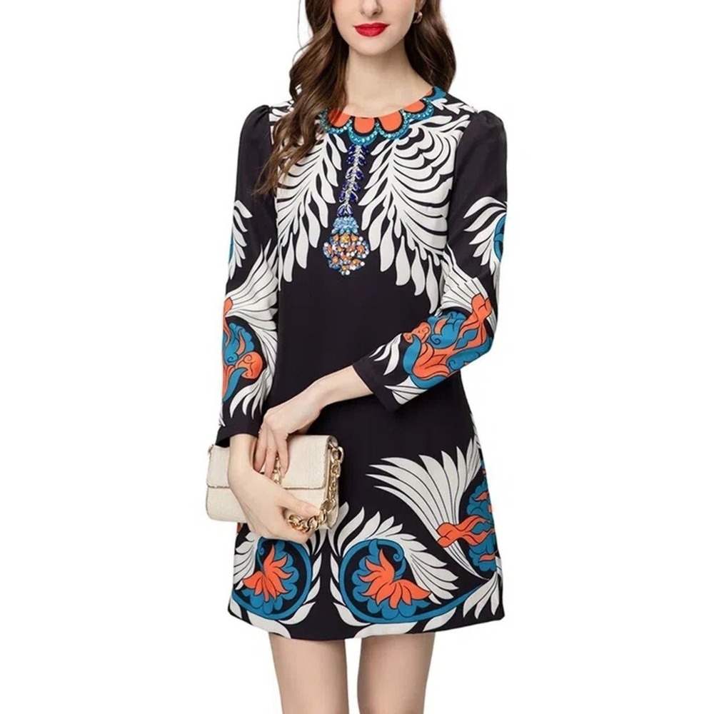 Burryco Women's Black Graphic Shift Dress Size 8 Beaded Neckline Statement Tunic